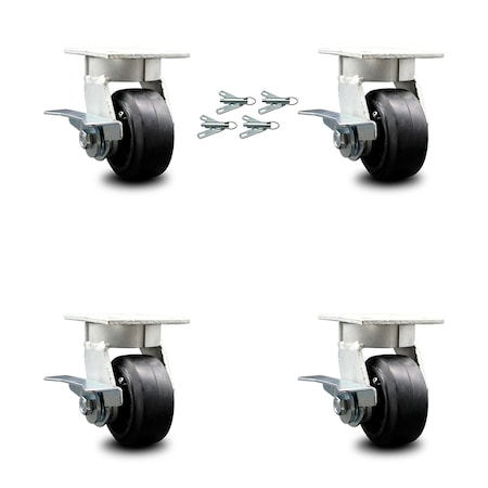 Service Caster 4 Inch Kingpinless Rubber on Steel Wheel Caster Set Brake and Swivel Lock SCC SCC-KP30S420-RSR-SLB-BSL-4